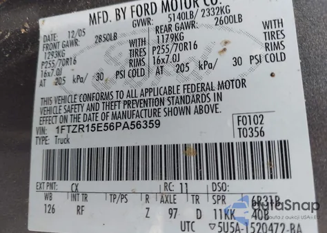 2006 Ford Ranger Fx4 Off-Road/Sport/Xl/Xlt из США, поврежденный, VIN 1FTZR15E56PA56359